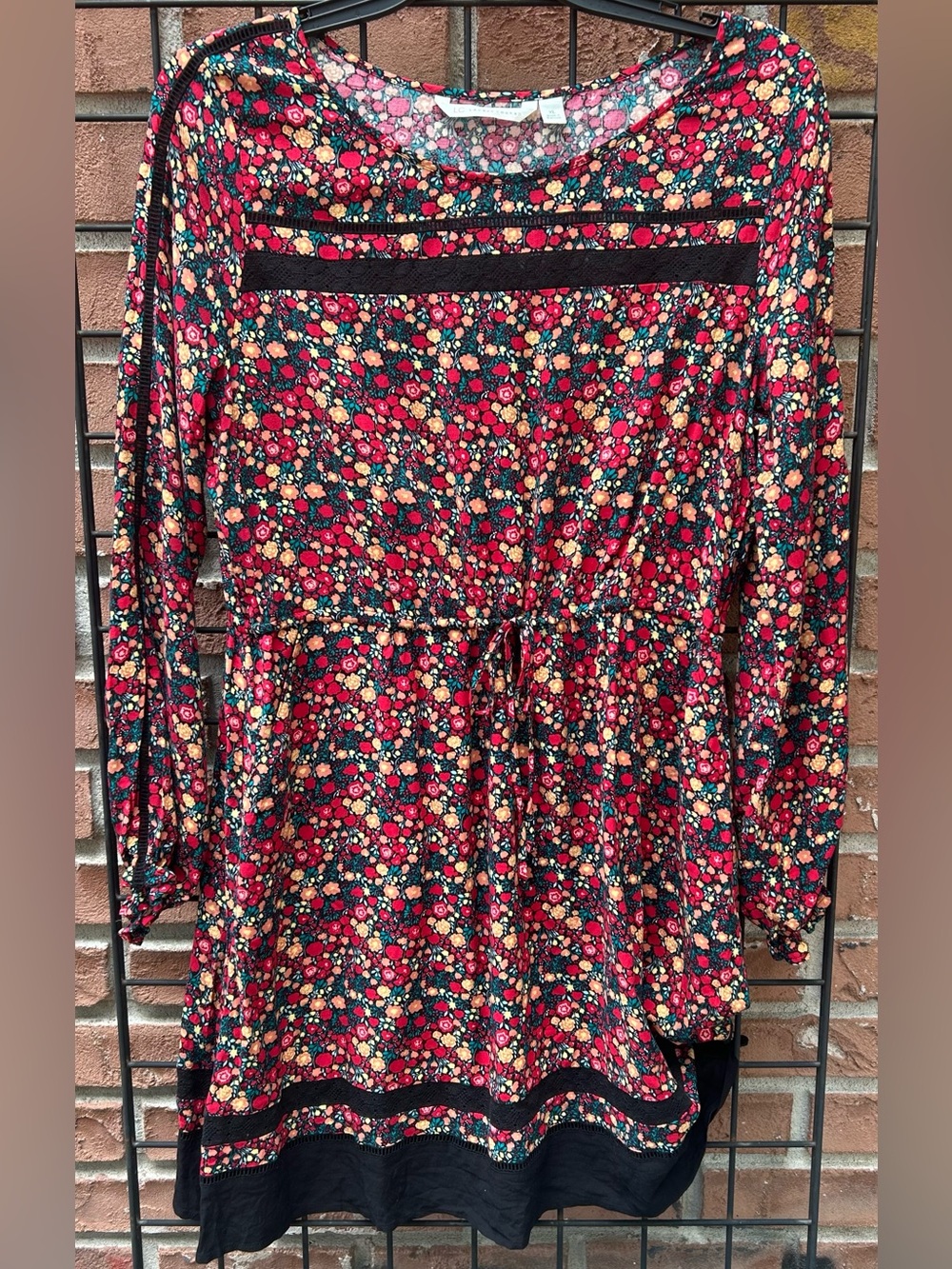 LC Lauren Conrad Red, Teal & Peach Floral Drawstring Dress